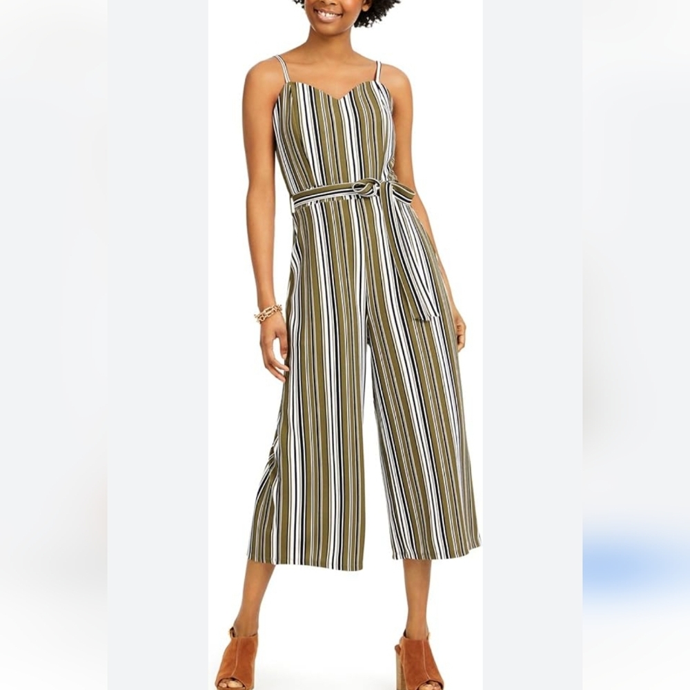 ALMOST FAMOUS Womens Green Belted Striped Spaghetti Strap Sweetheart Neckline M
